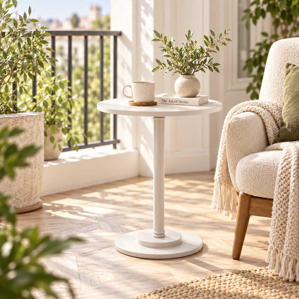 Table d'appoint blanche compacte installée dans un coin détente lumineux