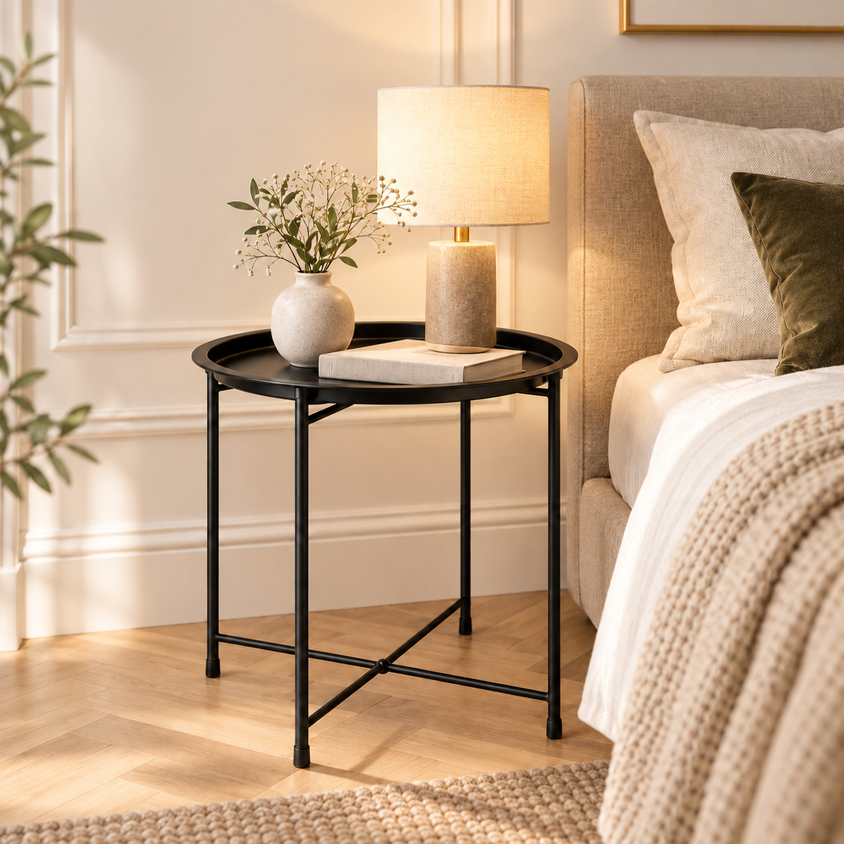 Table de chevet ronde en métal noir dans une chambre moderne et lumineuse