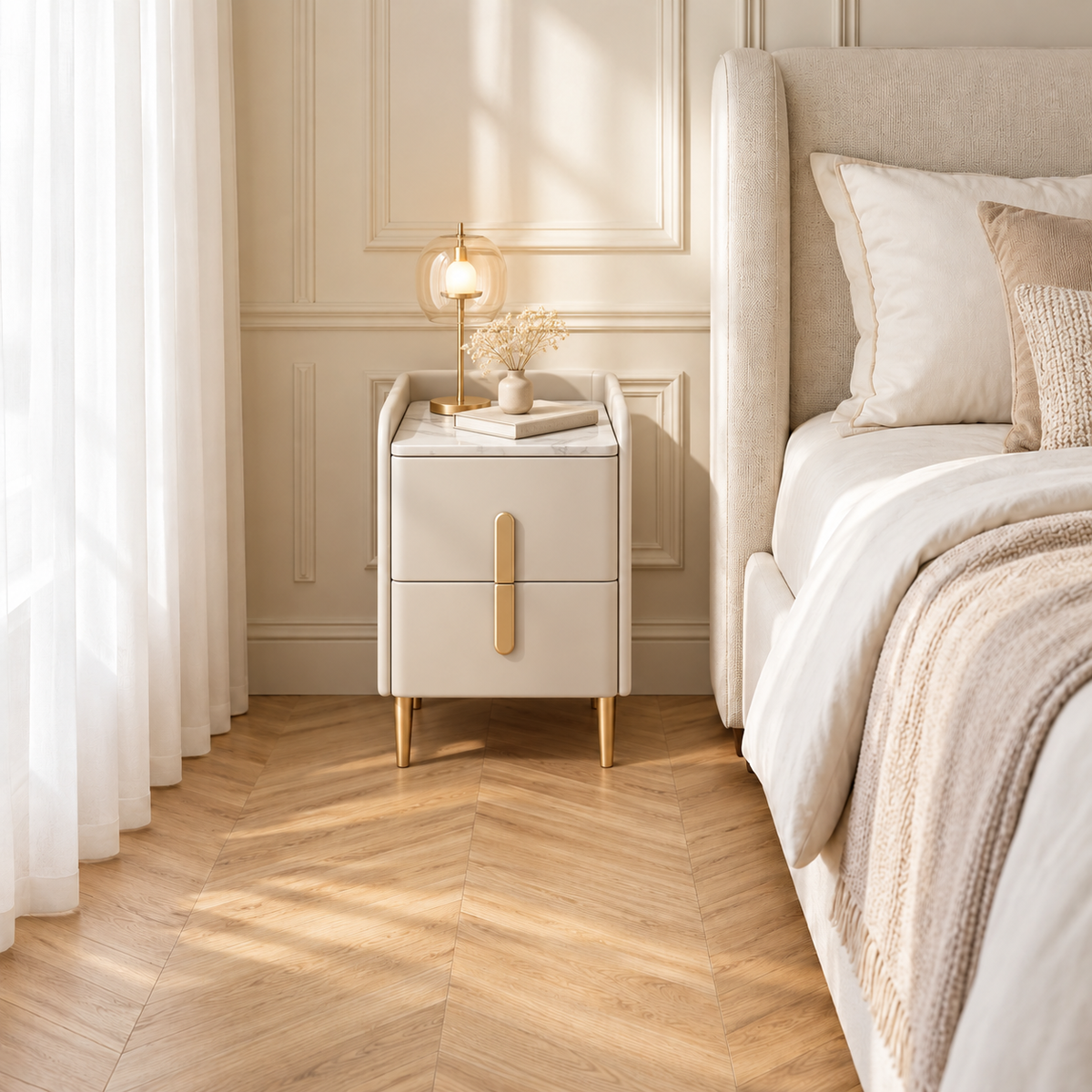 Même chambre aménagée avec une table de chevet beige, une lampe dorée et un livre à côté du lit.