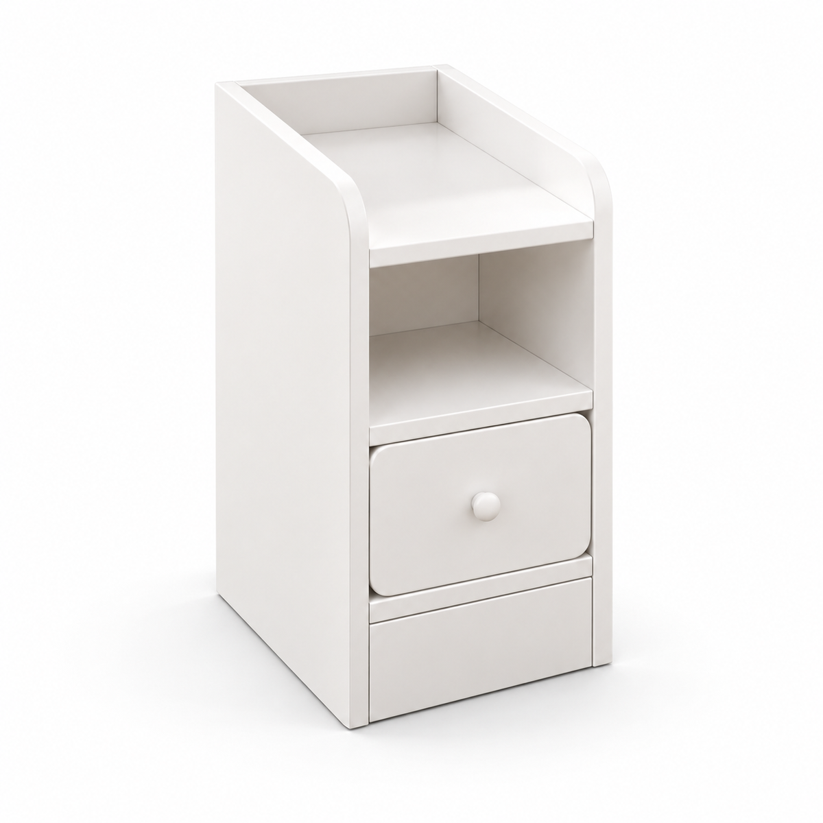 Table de chevet blanche étroite avec niche ouverte, tiroir à bouton rond et rebords arrondis sur fond blanc.