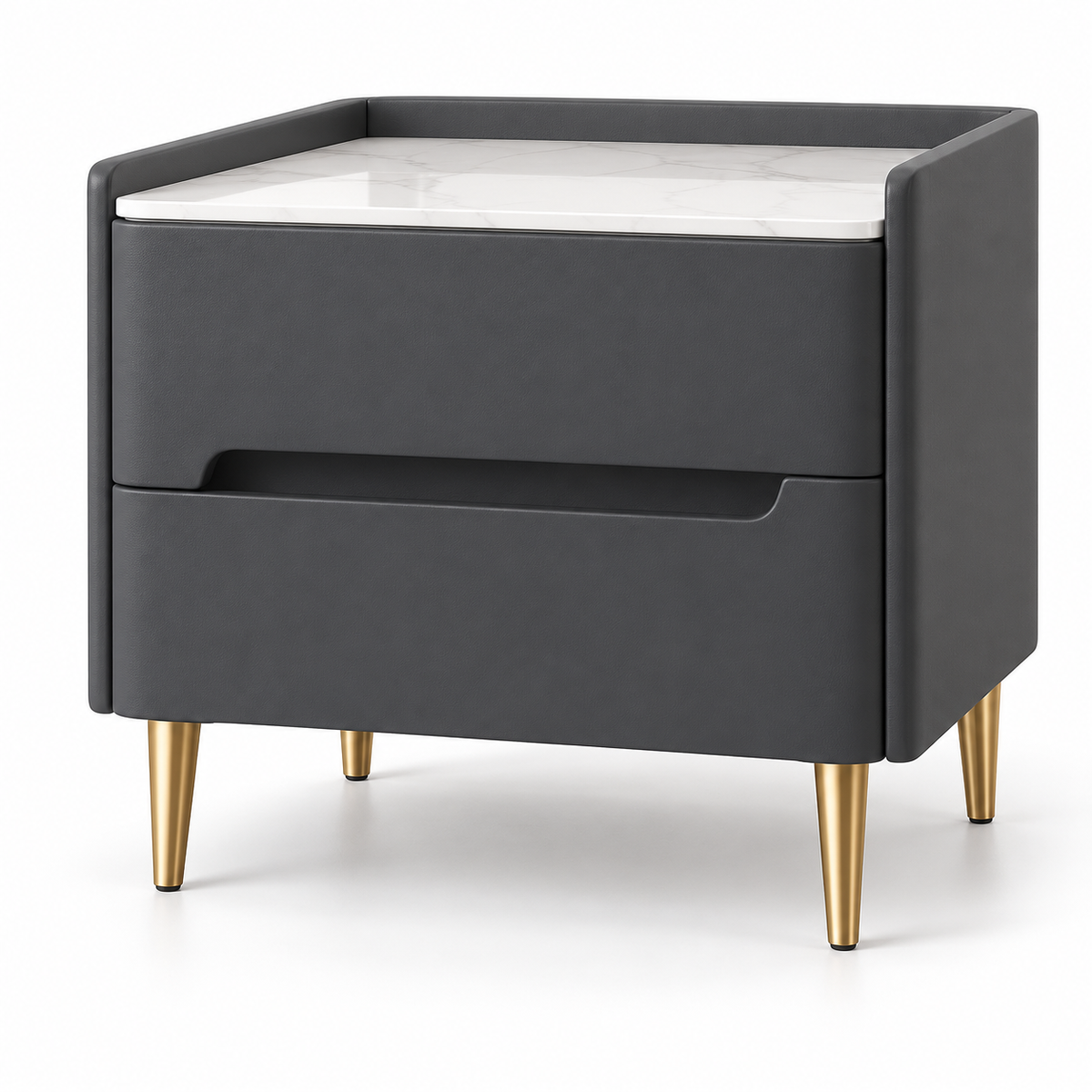 Table de chevet anthracite de 40 cm avec deux tiroirs, plateau effet marbre blanc et pieds dorés