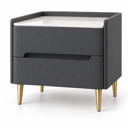 Table de chevet anthracite de 40 cm avec deux tiroirs, plateau effet marbre blanc et pieds dorés