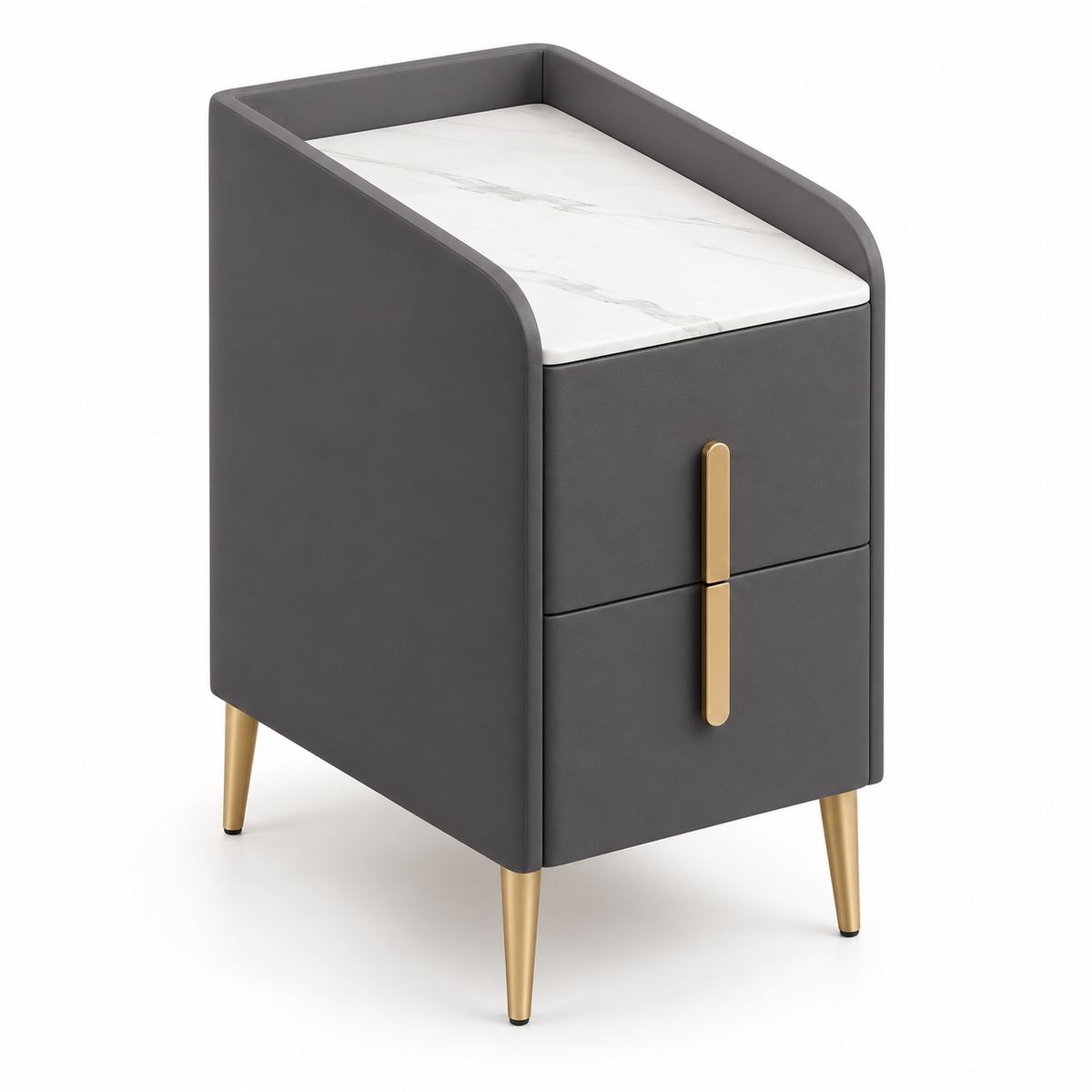 Table de chevet gris foncé de 25 cm avec deux tiroirs et plateau blanc veiné sur fond blanc.