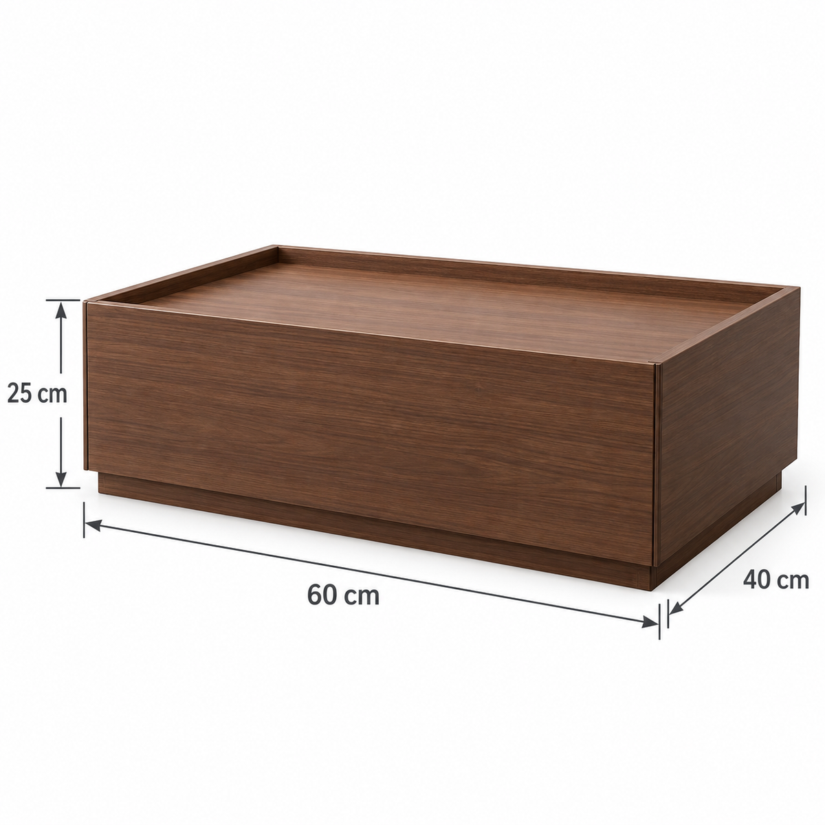 Chevet finition bois brun avec flèches indiquant 60 cm de largeur, 40 cm de profondeur et 25 cm de hauteur.