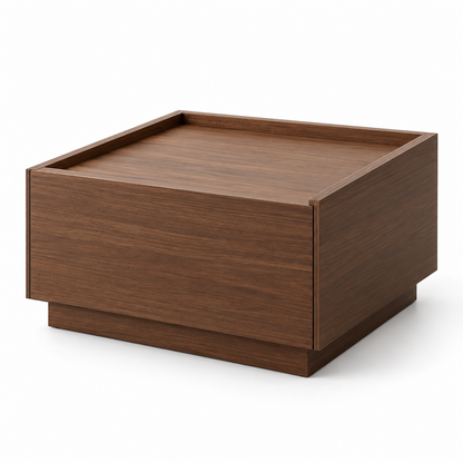 Table de chevet basse finition bois brun, format 40 × 40 cm, avec tiroir et plateau à rebords sur fond blanc.