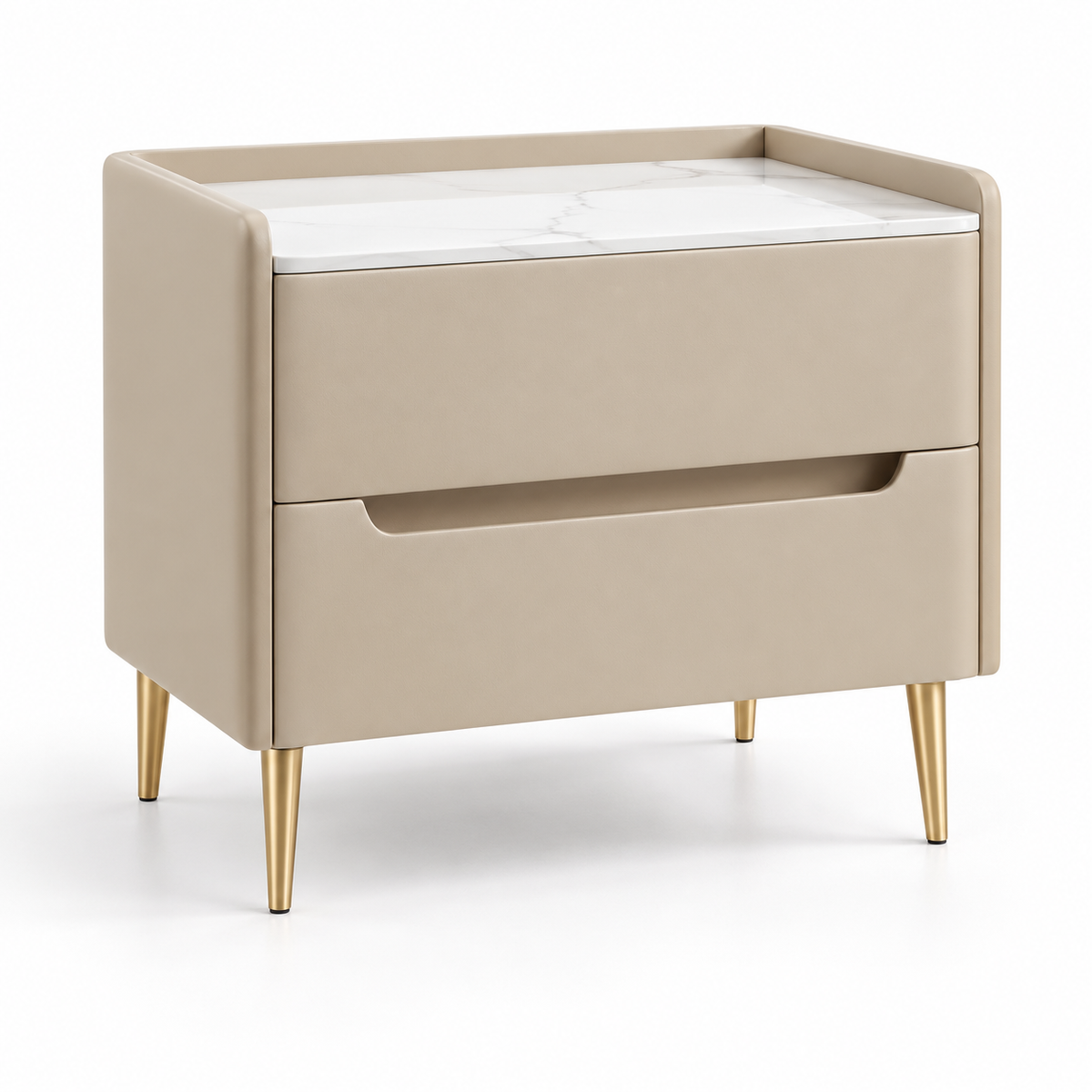 Table de chevet beige de 40 cm avec deux tiroirs, plateau clair et pieds dorés, sur fond blanc