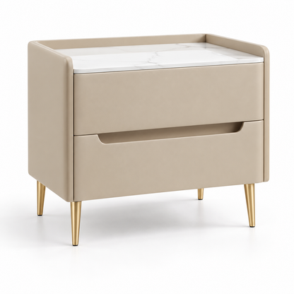 Table de chevet beige de 40 cm avec deux tiroirs, plateau clair et pieds dorés, sur fond blanc