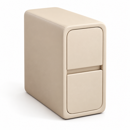 Table de chevet beige de 20 cm de largeur, sans pieds et avec deux tiroirs, sur fond blanc