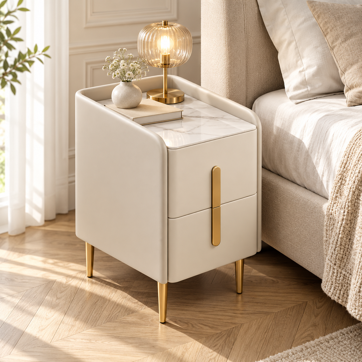 Table de chevet beige avec une lampe en verre près d’un lit écru, dans une chambre avec moulures et parquet clair en chevrons.