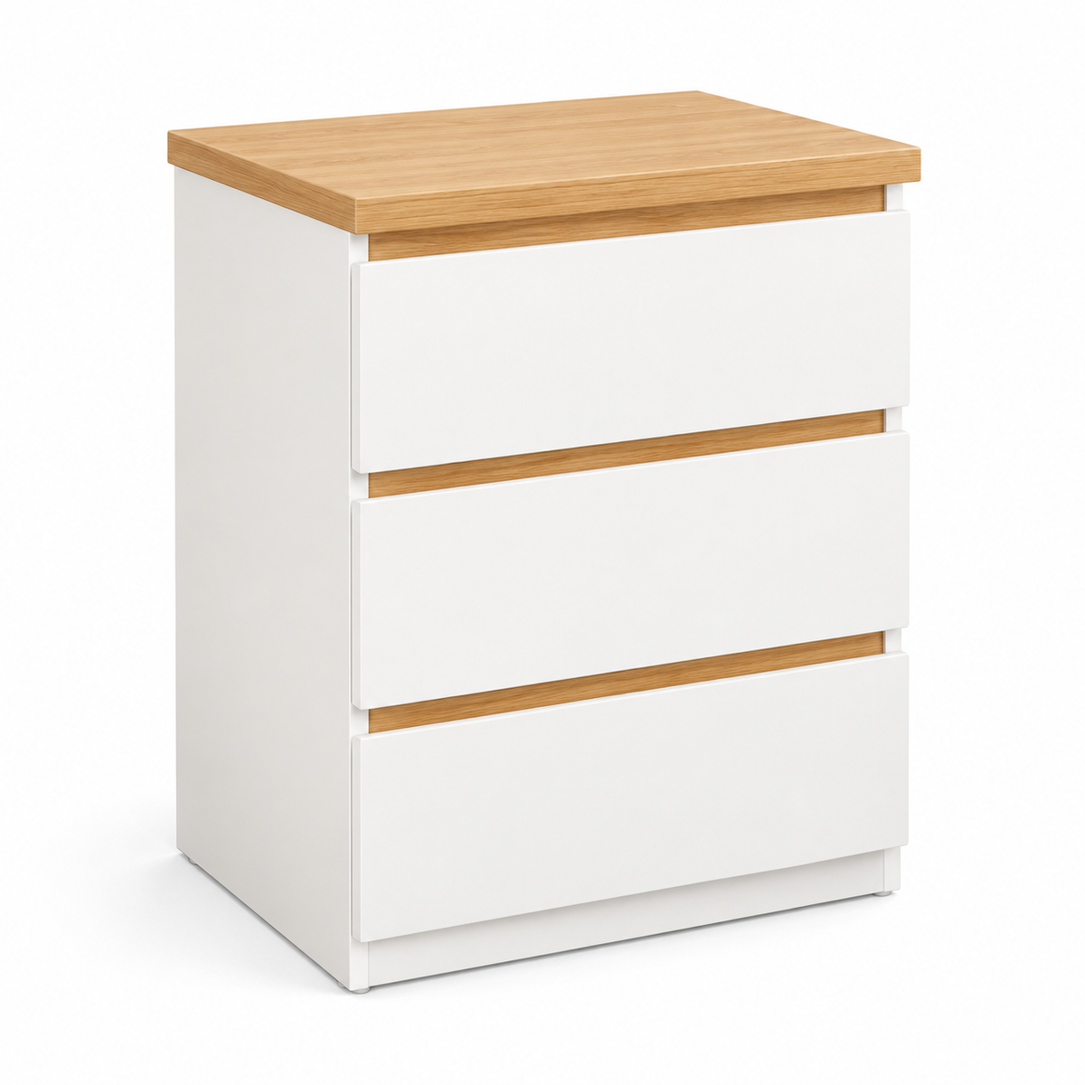 Table de chevet blanche de 40 cm avec trois tiroirs et plateau bois clair sur fond blanc.