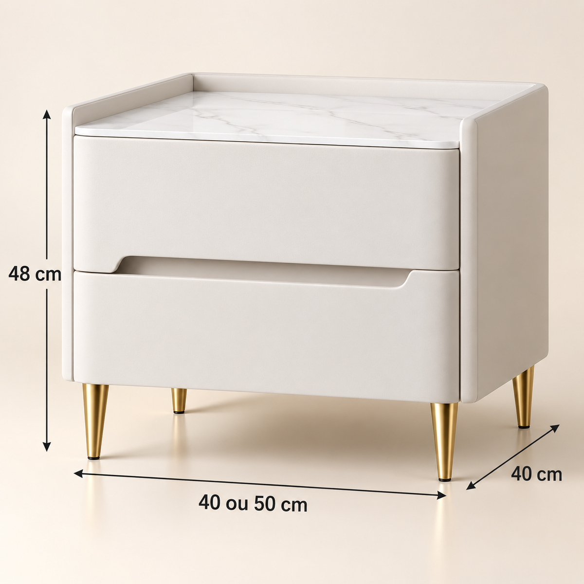 Dimensions de la table de chevet : largeur de 40 ou 50 cm, profondeur de 40 cm et hauteur de 48 cm