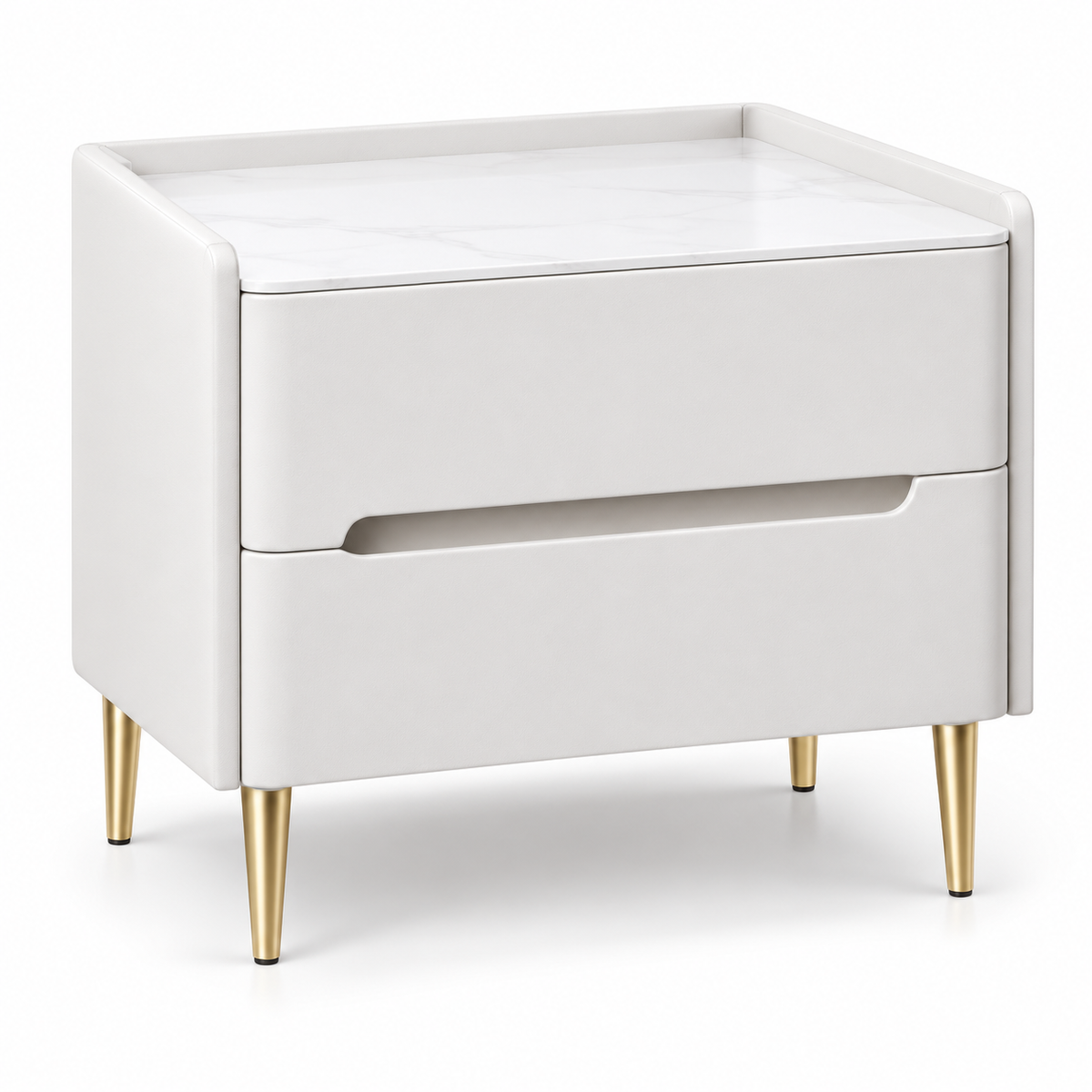 Table de chevet blanche de 40 cm avec deux tiroirs, plateau effet marbre et pieds dorés, sur fond blanc