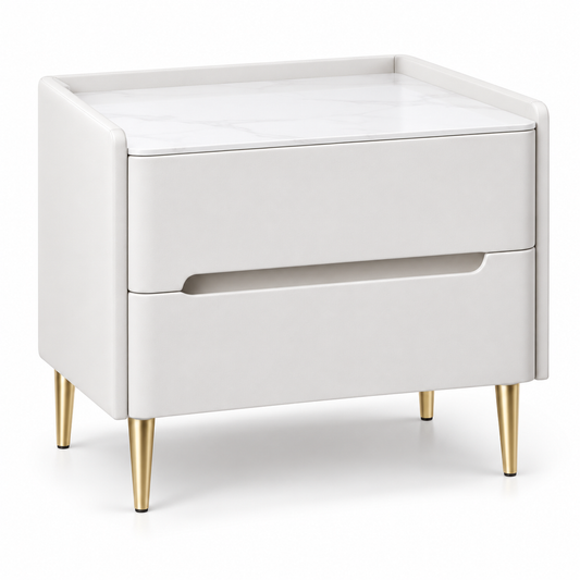 Table de chevet blanche de 40 cm avec deux tiroirs, plateau effet marbre et pieds dorés, sur fond blanc