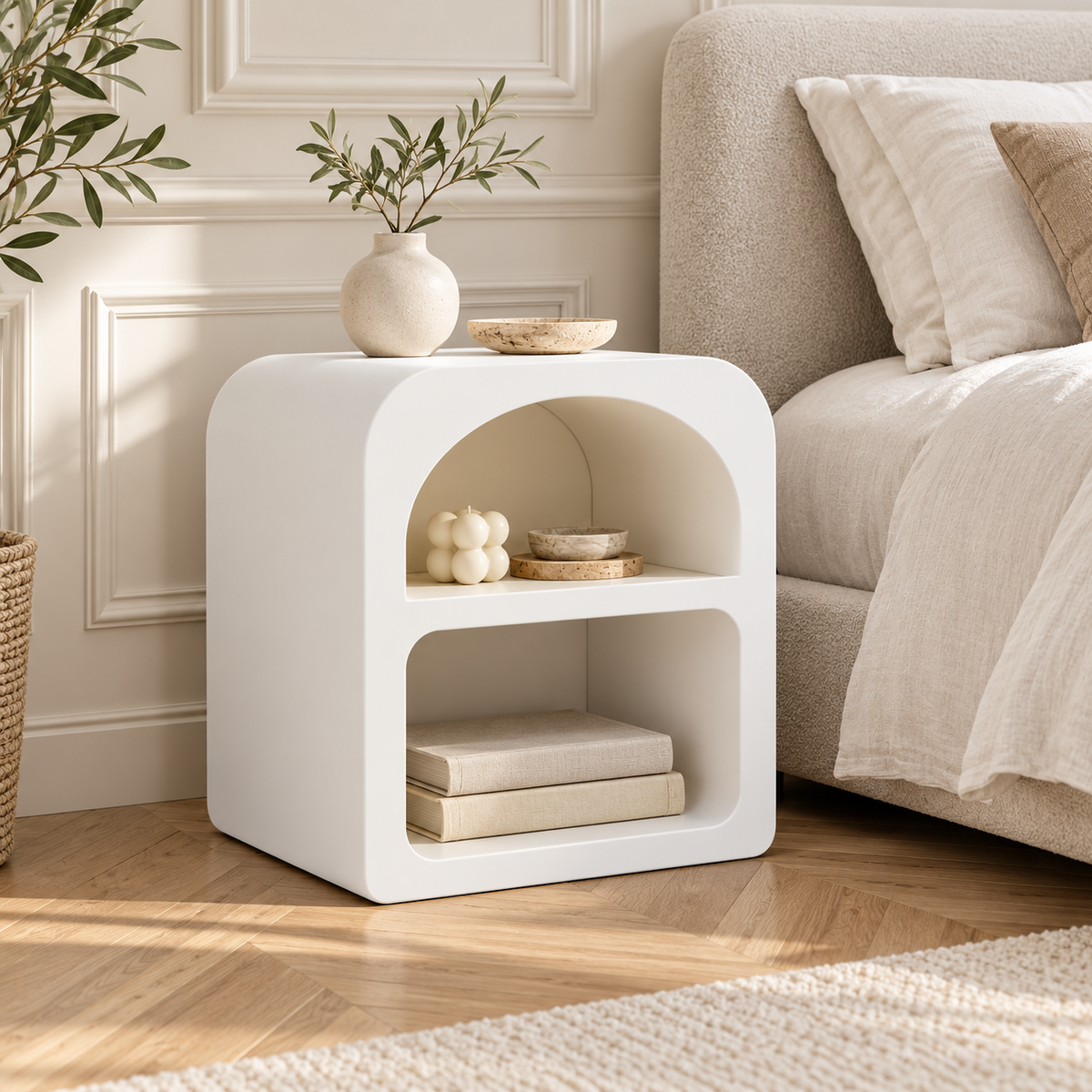 Table de chevet blanche avec livres et objets décoratifs près d’un lit beige, dans une chambre lumineuse