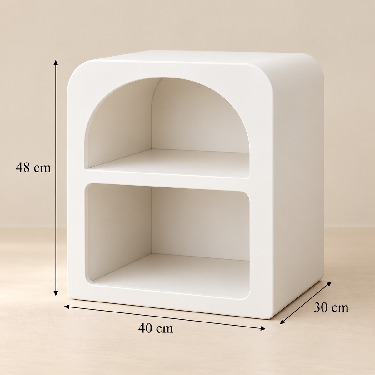 Dimensions de la table de chevet blanche : largeur 40 cm, profondeur 30 cm et hauteur 48 cm