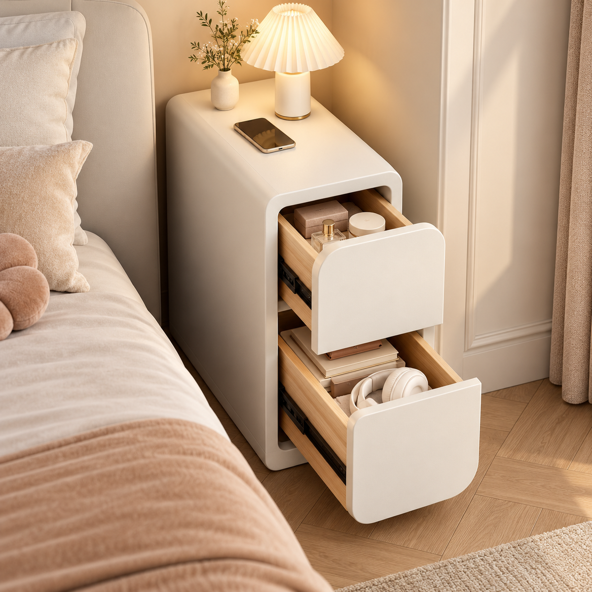 Table de chevet blanc crème avec ses deux tiroirs ouverts, montrant les rangements en bois et des objets du quotidien