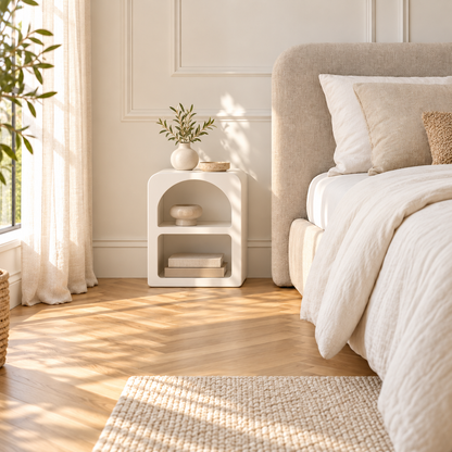 Même chambre aménagée avec une table de chevet blanche à deux niches, un vase et des livres près du lit