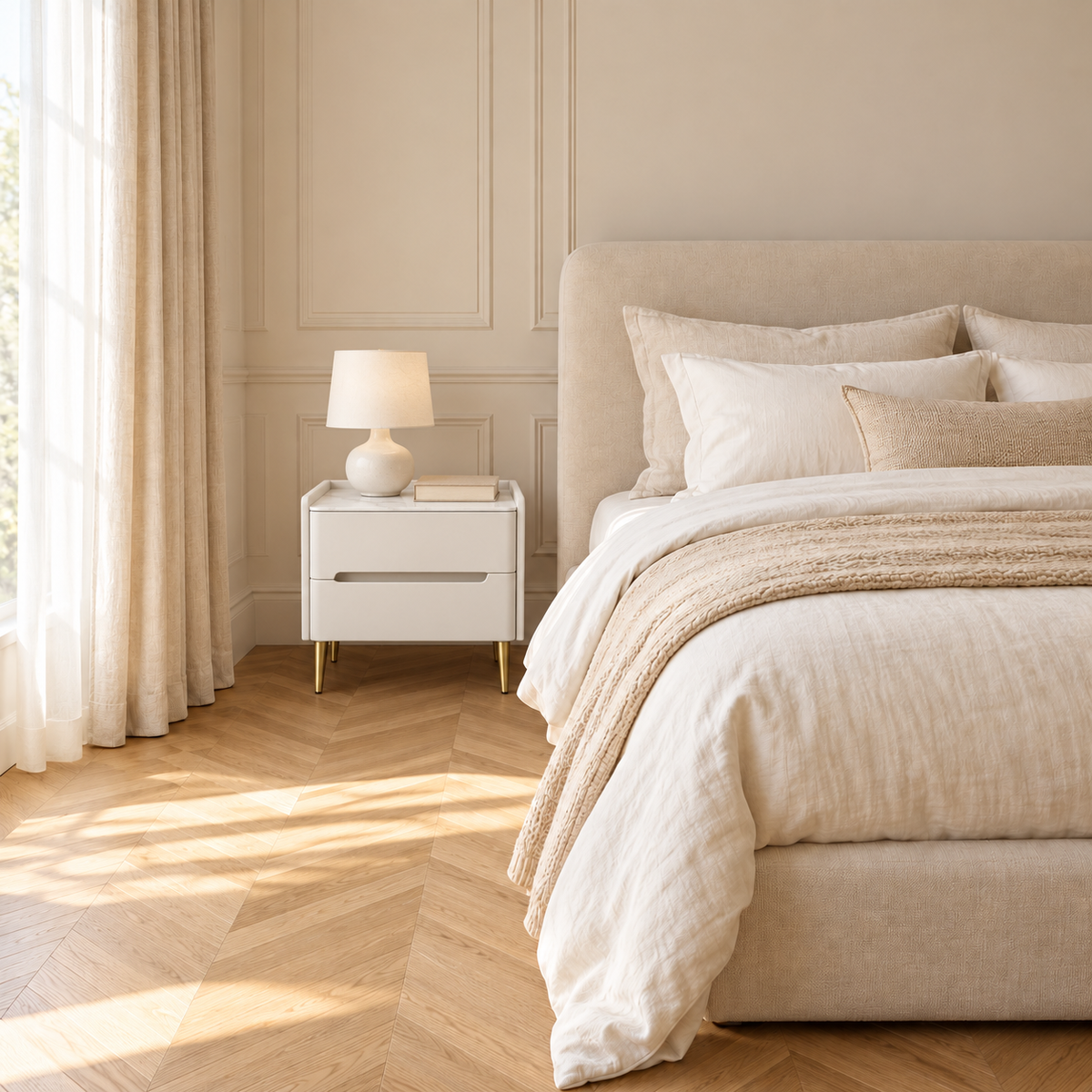 Même chambre avec une table de chevet blanche à deux tiroirs et pieds dorés, accompagnée d’une lampe et de livres