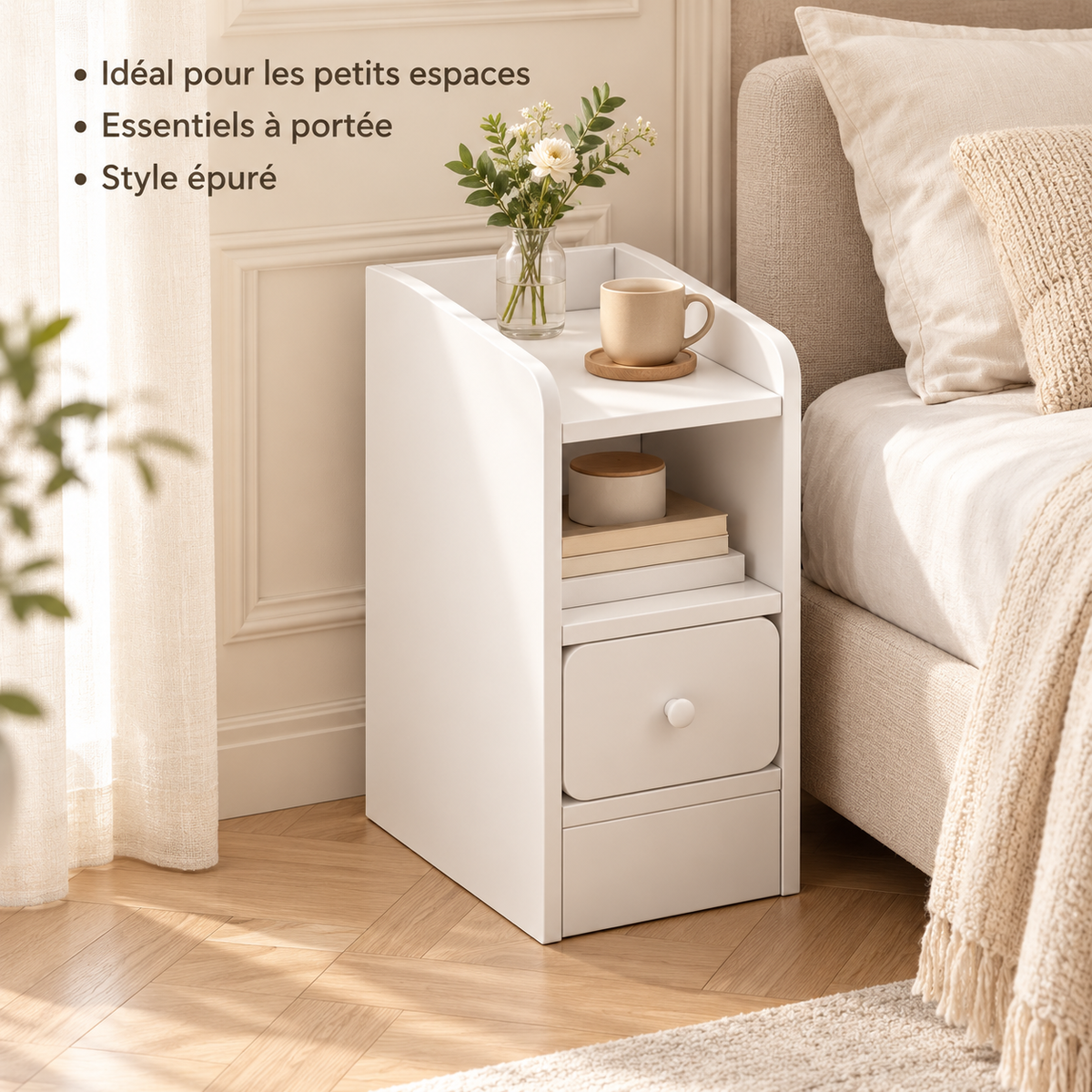Chevet blanc illustrant trois atouts : idéal pour les petits espaces, essentiels à portée et style épuré.