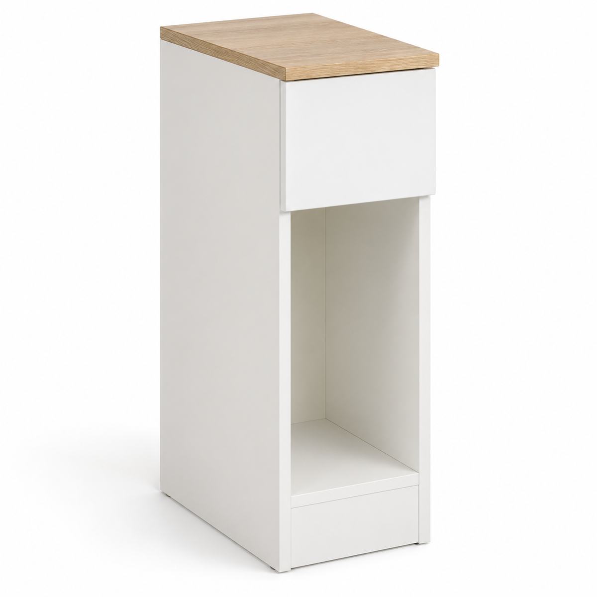 Table de chevet étroite blanche avec plateau effet bois, tiroir sans poignée et niche ouverte sur fond blanc