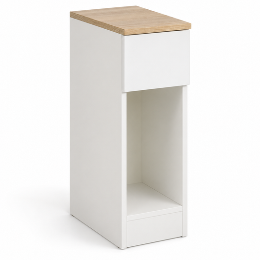 Table de chevet étroite blanche avec plateau effet bois, tiroir sans poignée et niche ouverte sur fond blanc