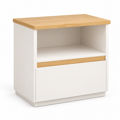 Table de chevet blanche de 40 cm avec plateau bois clair, niche ouverte et tiroir sur fond blanc.