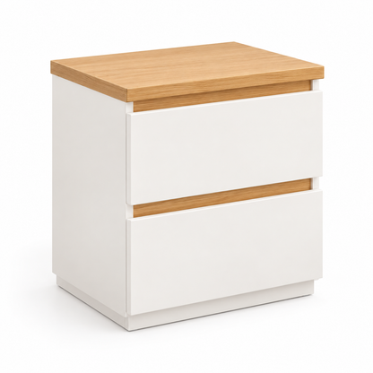 Table de chevet blanche de 32 cm avec deux tiroirs et plateau bois clair sur fond blanc.