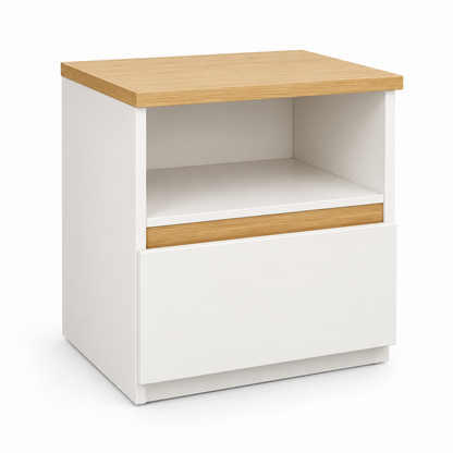 Table de chevet blanche de 32 cm avec niche ouverte, tiroir et plateau bois clair sur fond blanc.