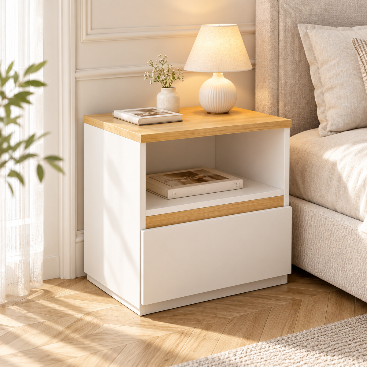 Chevet blanc avec plateau bois, niche et tiroir près d’un lit écru, dans une chambre lumineuse avec moulures.