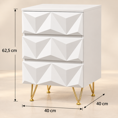 Dimensions du chevet à trois tiroirs : largeur 40 cm, profondeur 40 cm et hauteur 62,5 cm