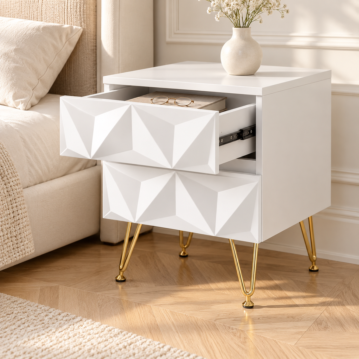Table de chevet blanche avec tiroir supérieur ouvert contenant un livre et des lunettes, et tiroir inférieur fermé
