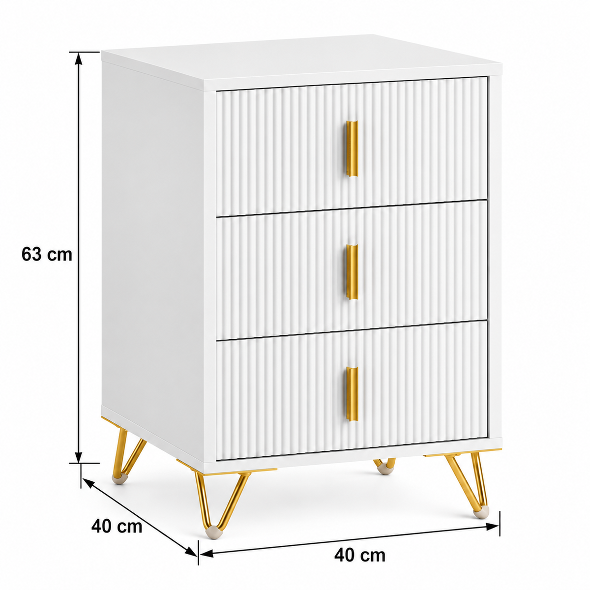 Dimensions de la table de chevet avec flèches : largeur 40 cm, profondeur 40 cm et hauteur totale 63 cm