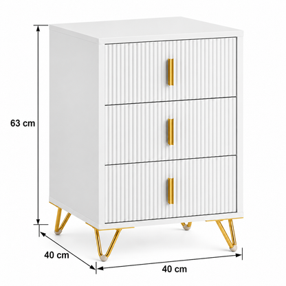 Dimensions de la table de chevet avec flèches : largeur 40 cm, profondeur 40 cm et hauteur totale 63 cm
