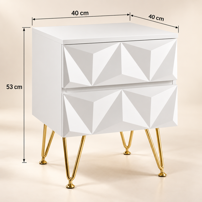 Dimensions du chevet à deux tiroirs : largeur 40 cm, profondeur 40 cm et hauteur 53 cm