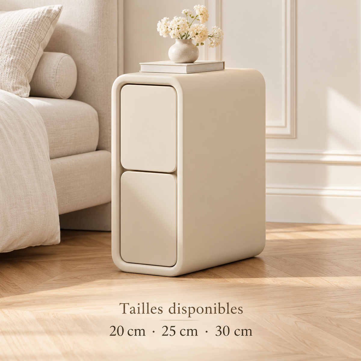 Table de chevet crème à deux tiroirs avec les tailles disponibles de 20, 25 et 30 cm