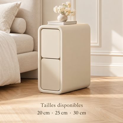 Table de chevet crème à deux tiroirs avec les tailles disponibles de 20, 25 et 30 cm