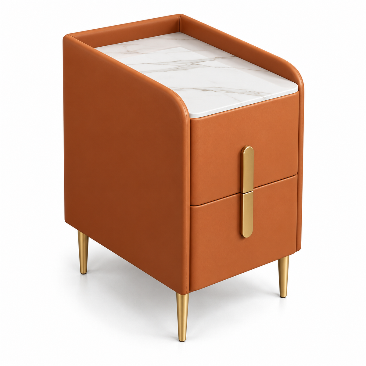 Table de chevet orange de 30 cm avec deux tiroirs, rebords arrondis et poignées dorées sur fond blanc.