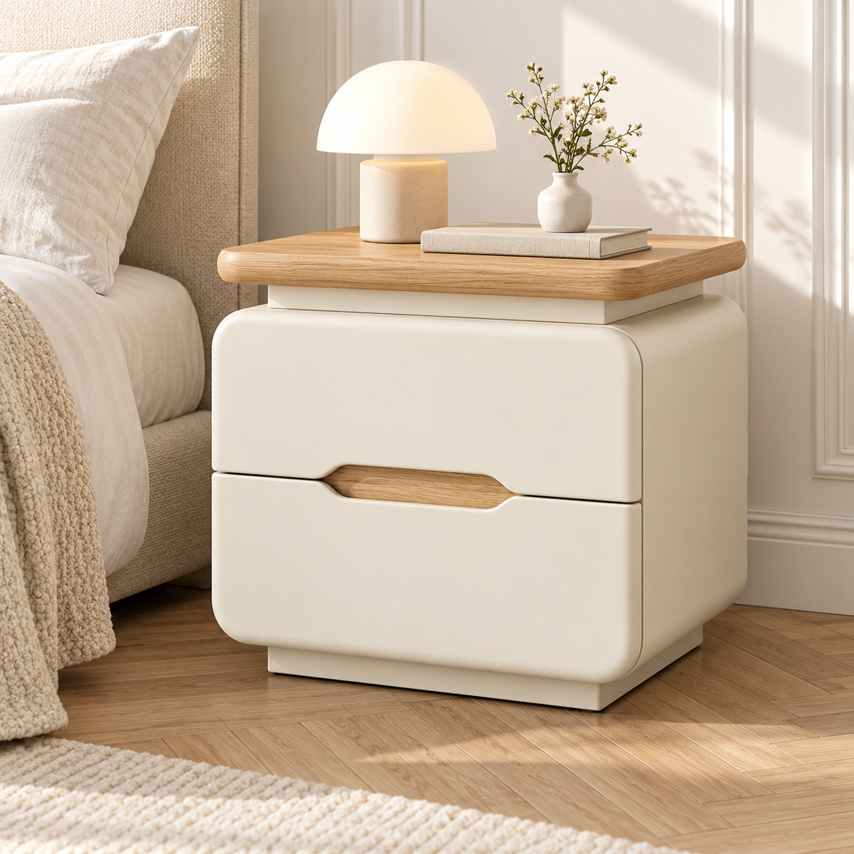 table de chevet crème plateau bois clair à 2 tiroirs