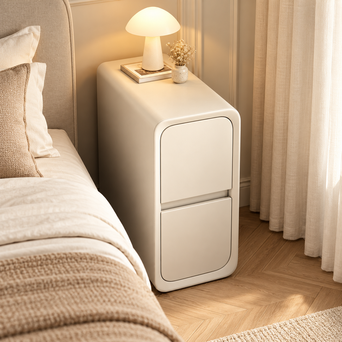 Table de chevet blanc crème près d’un lit beige, avec une lampe, des moulures et un parquet clair en chevrons