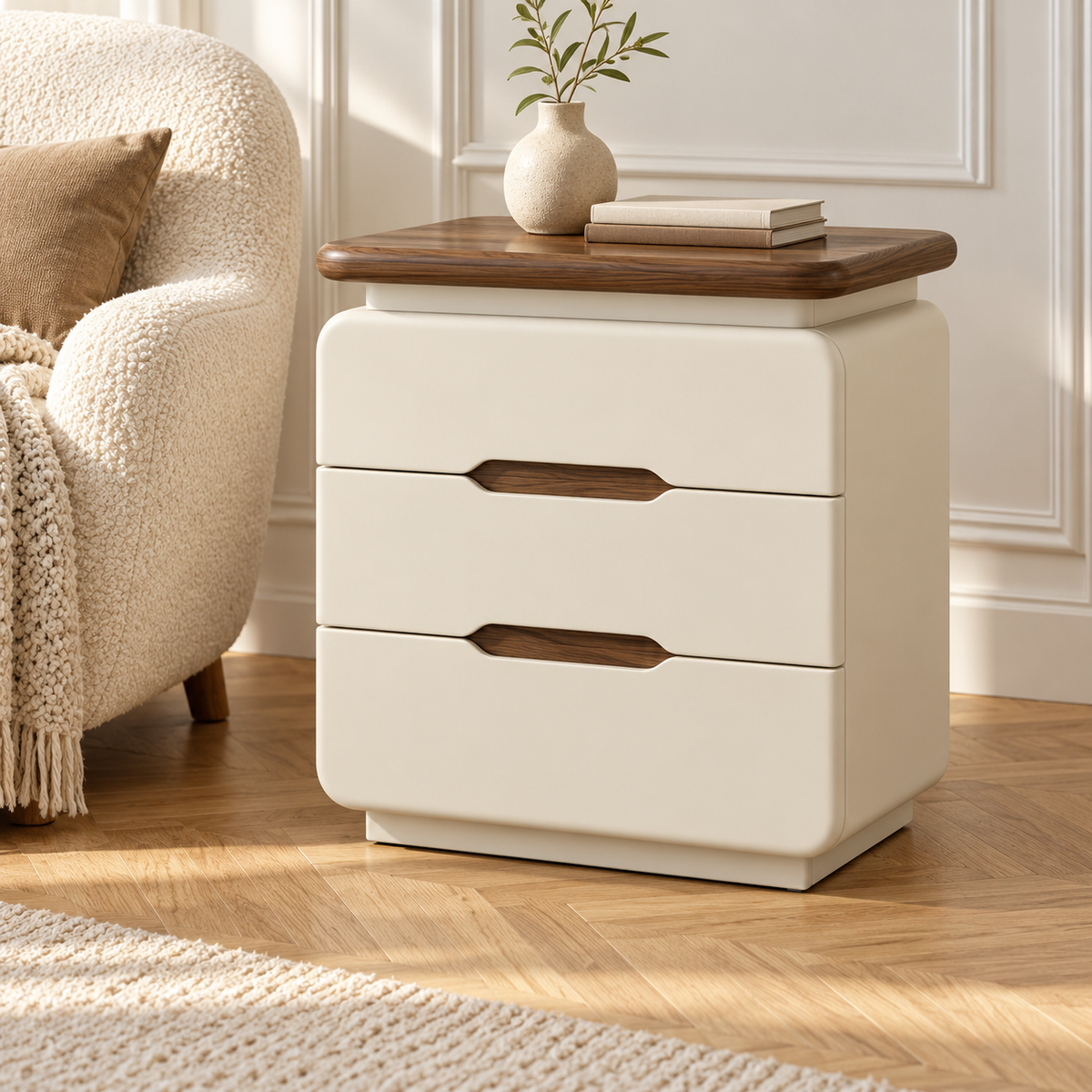 table de chevet crème plateau bois à 3 tiroirs