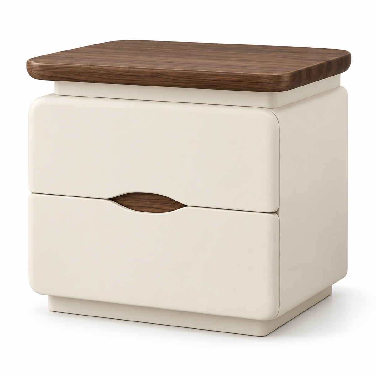Table de chevet crème à deux tiroirs avec plateau finition noyer, largeur 40 cm, sur fond blanc