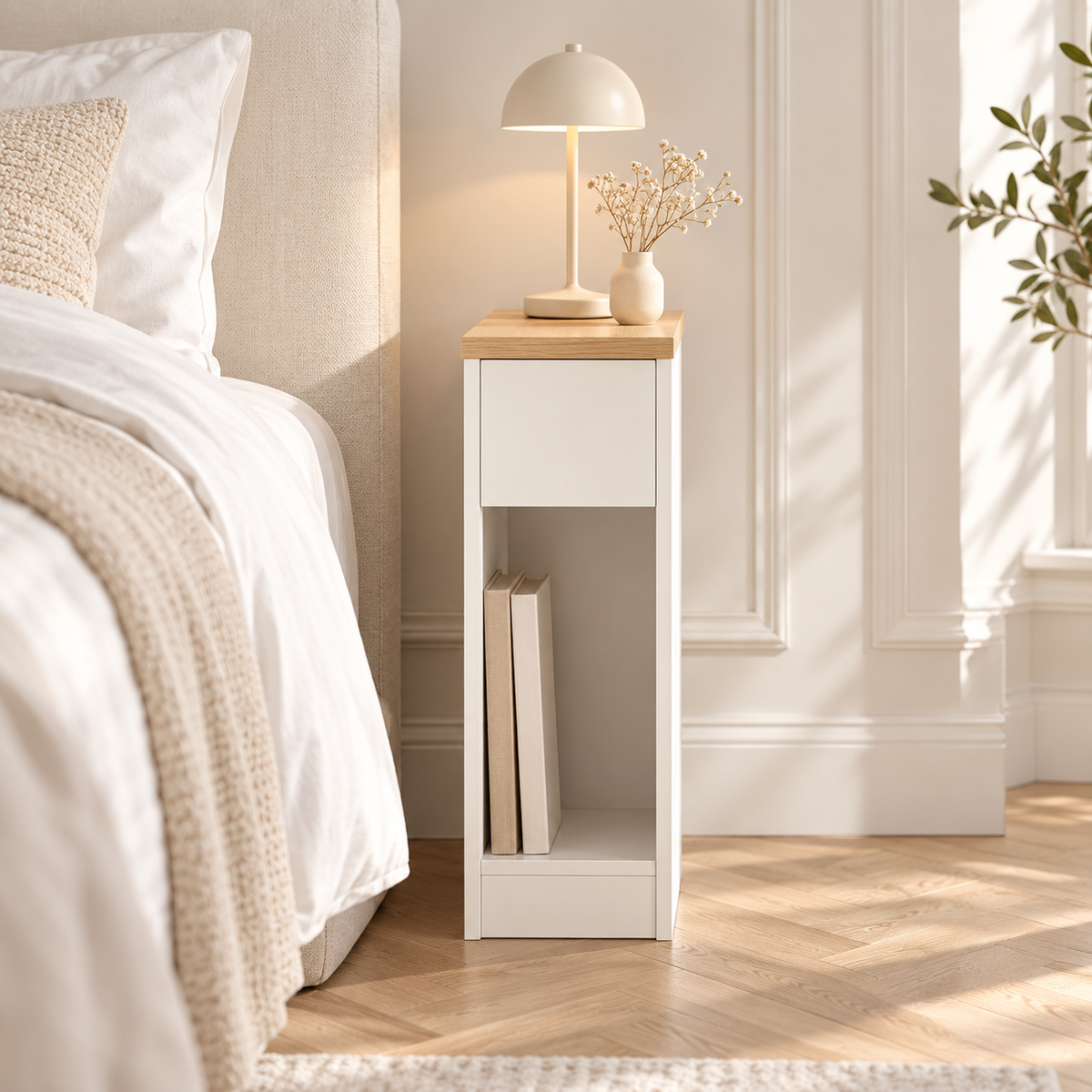 table-chevet-etroite-blanche-chambre