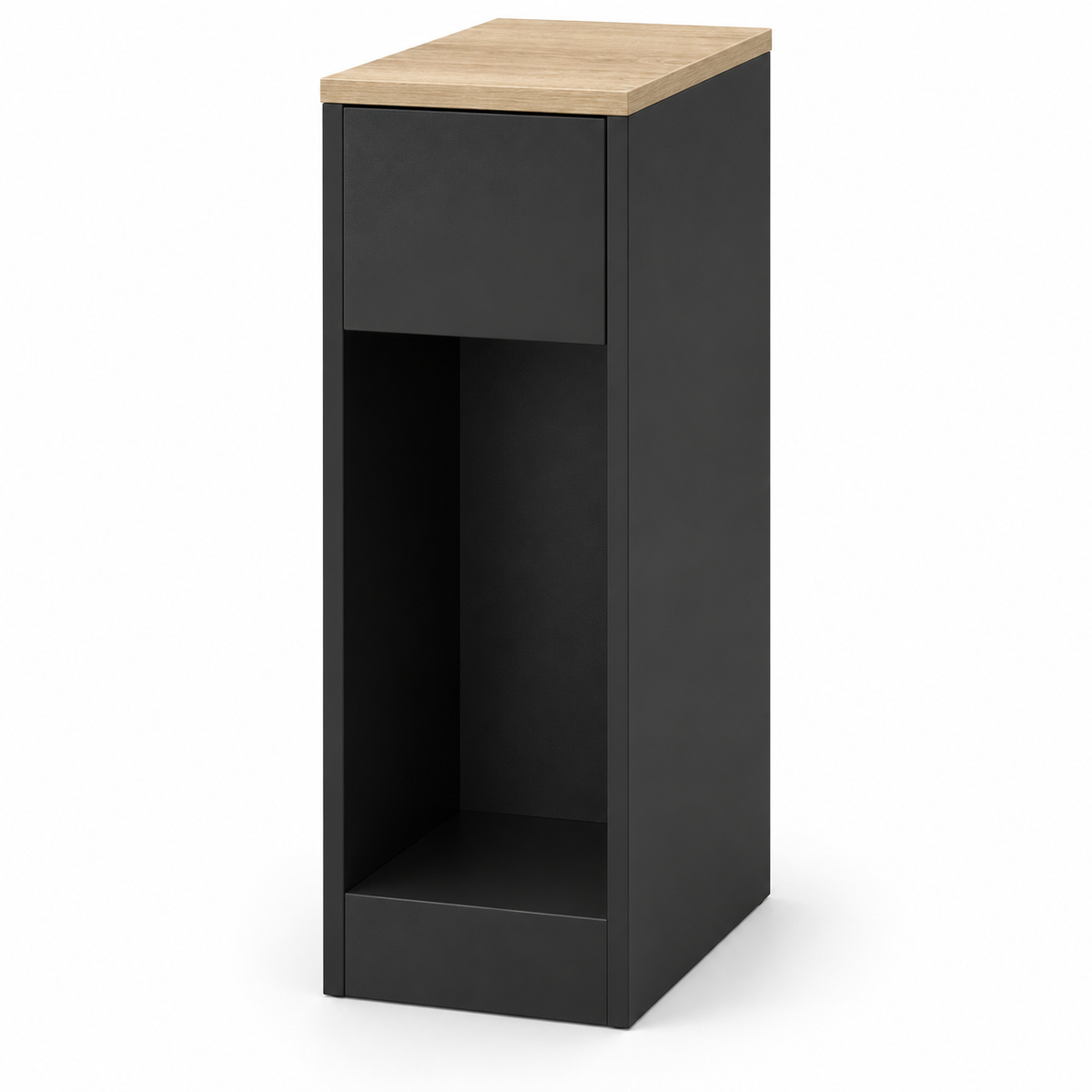 Table de chevet étroite noire avec plateau effet bois, tiroir et niche ouverte sur fond blanc