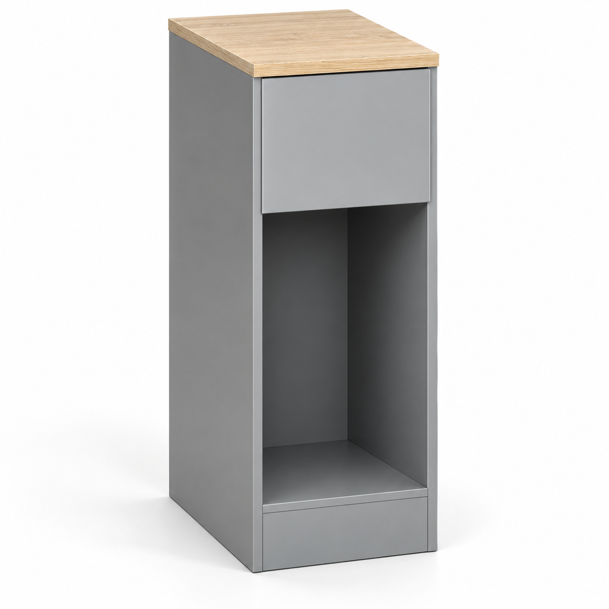 Table de chevet étroite grise avec plateau effet bois, tiroir et niche ouverte sur fond blanc