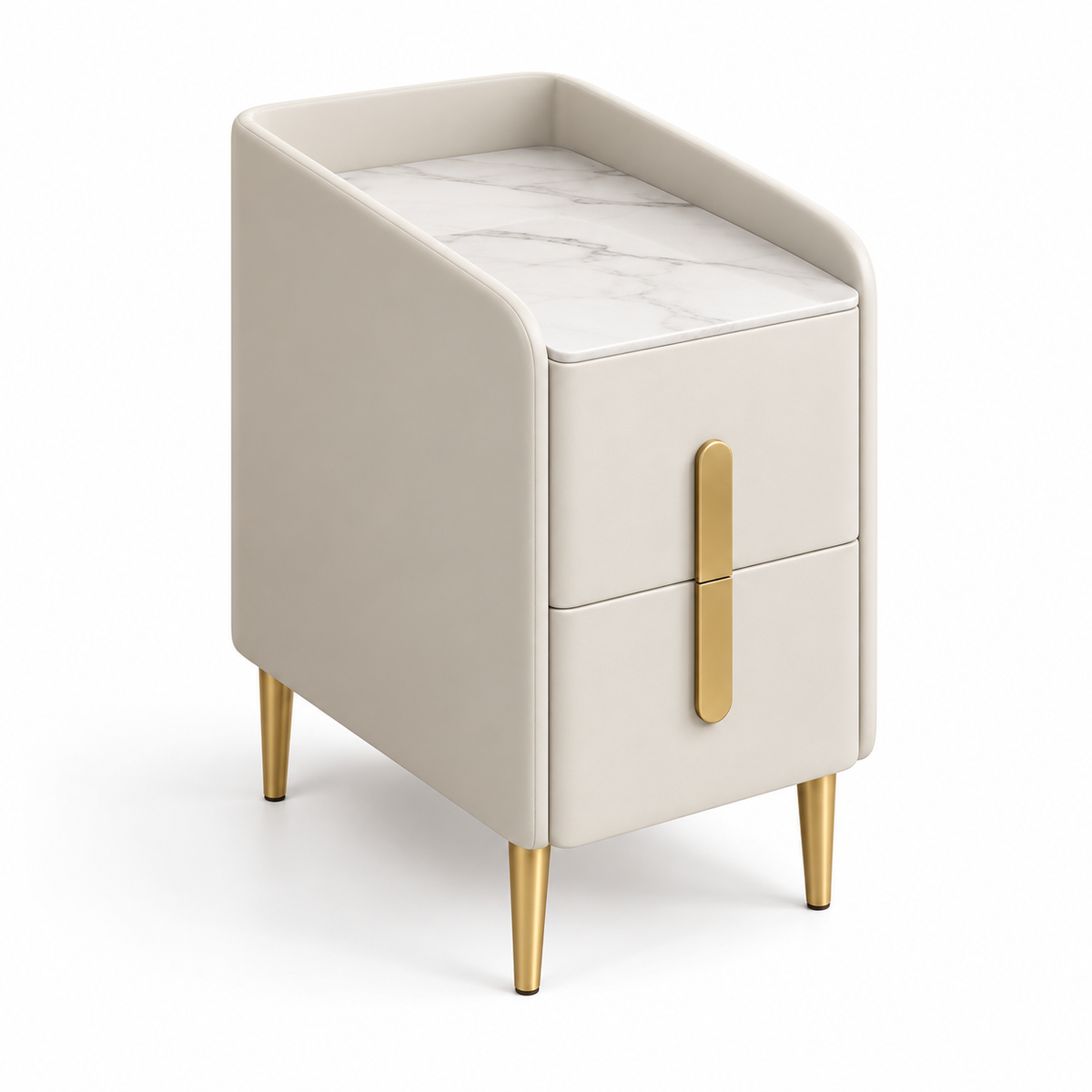 Table de chevet beige de 25 cm avec deux tiroirs, plateau blanc veiné et pieds dorés sur fond blanc.