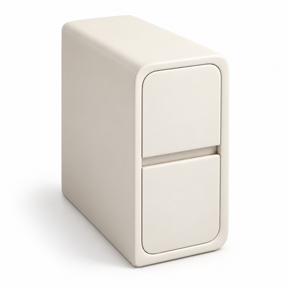 Table de chevet blanc crème de 25 cm de largeur, avec deux tiroirs et angles arrondis, sur fond blanc