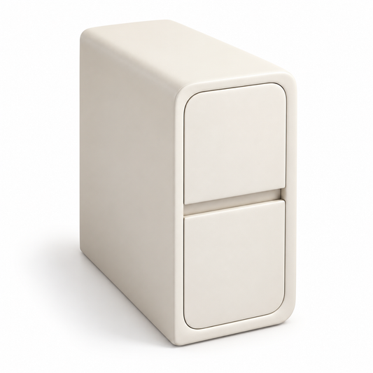 Table de chevet blanc crème de 25 cm de largeur, avec deux tiroirs et angles arrondis, sur fond blanc