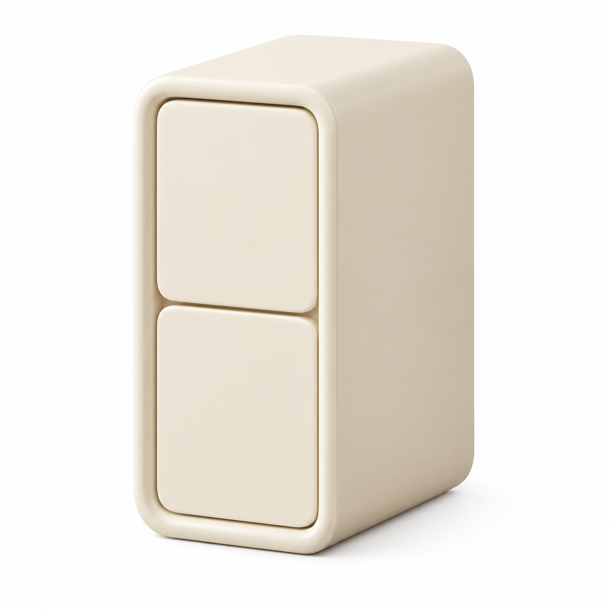 Table de chevet étroite crème avec deux tiroirs sans poignées et des angles arrondis sur fond blanc