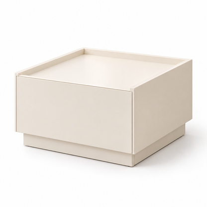 Table de chevet basse blanche, format 40 × 40 cm, avec tiroir sans poignée et plateau à rebords sur fond blanc.
