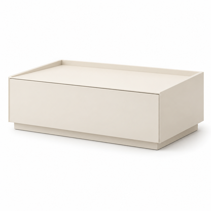 Table de chevet basse blanche, format 60 × 40 cm, avec large tiroir sans poignée sur fond blanc.